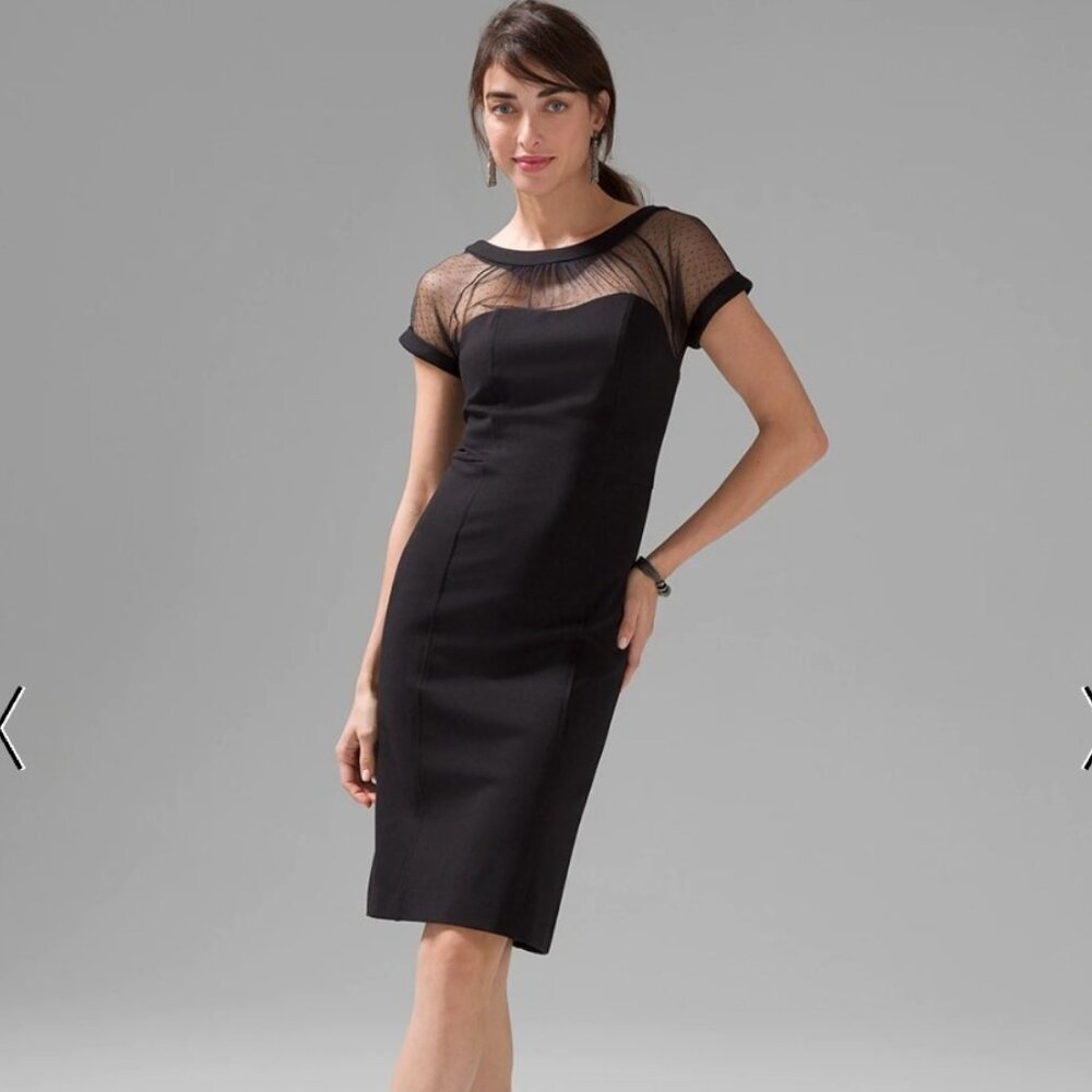 White House Black Market Swiss Dot & Mesh Neckline Black Dress